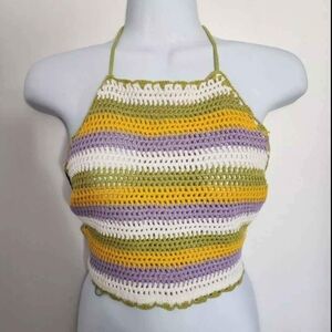 ZARA Crochet Striped Color Block Knit Summer Top Size Medium M Halter Beautiful